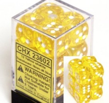 12 Translucent Yellow w/ White 16mm D6 Dice - CHX23602