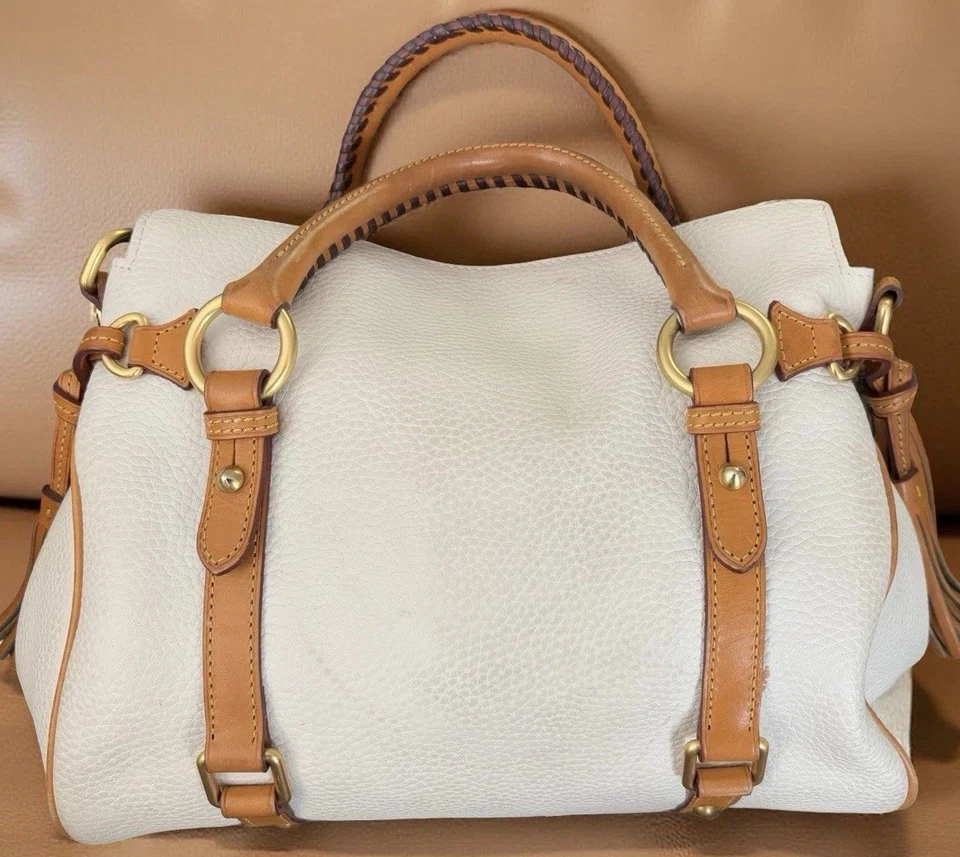 Dooney Bourke White Brown Pebbled & Florentine Leather Buckle Satchel Bag Purse - Image 2 of 4