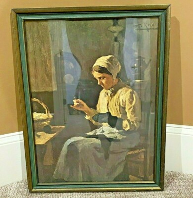 Otto Kriens Signed Print Dutch Colonial Woman Evening Task Interior Scene 26x20