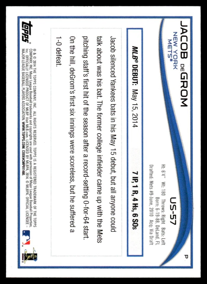 2014 Topps Chrome Update Jacob deGrom New York Mets #MB-19 R111 - Image 2 of 2