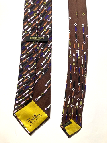 EMILIO PUCCI FIRENZE VINTAGE CORBATA ARTÍSTICA CON LOGOTIPO PASTEL MARRÓN ITALIA - Imagen 13 de 16