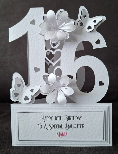 HANDMADE PERSONALISED 3D 16TH BIRTHDAY CARD, LILLIES PAPERCUT, WITH GIFT BOX