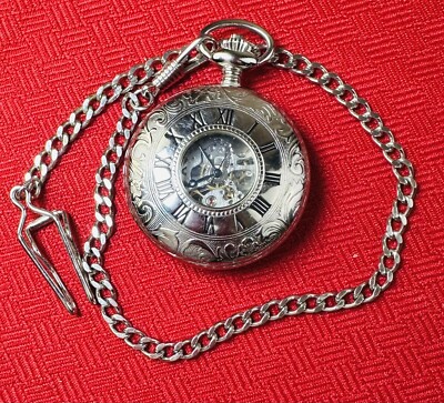 Charles Hubert White Skeleton Dial Pocket Watch Mechanical Wind Silver Tone