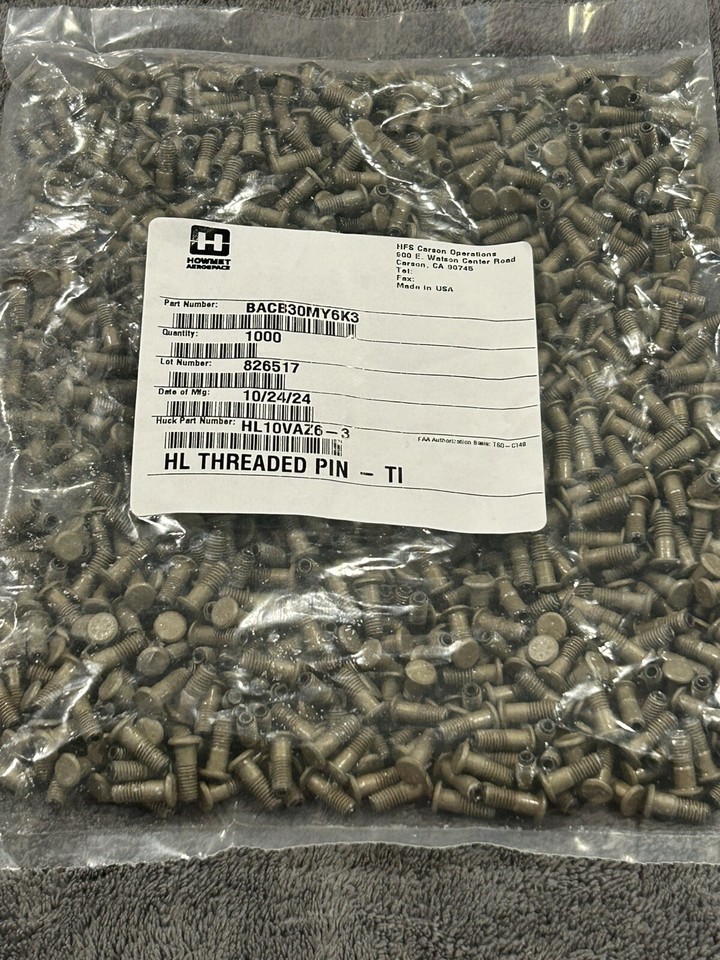 Howmet Aerospace Aircraft Part Threaded Pin Pack of 1000 HL10VAZ6–3 ...