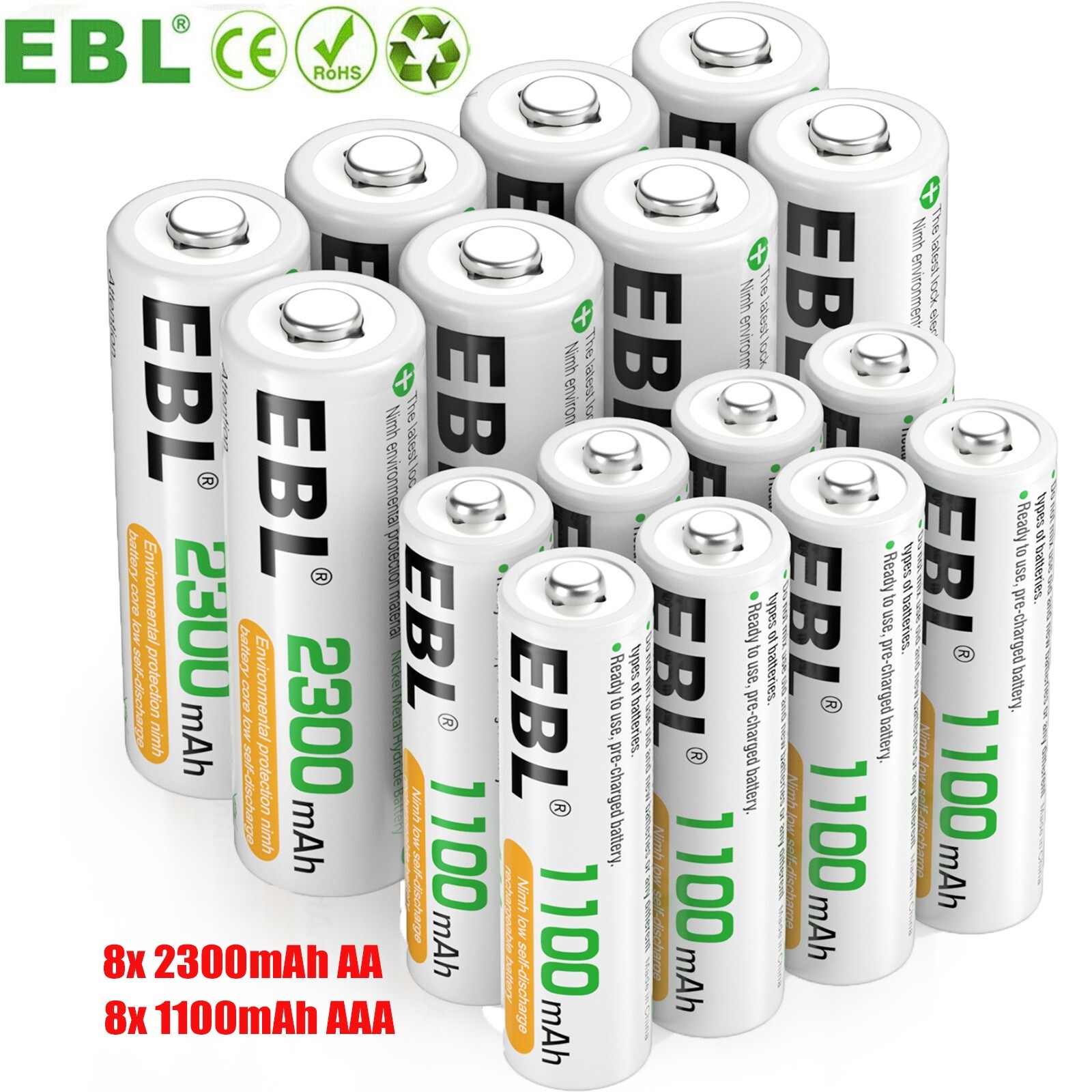 EBL 16-Pack Rechargeable AA AAA NiMH Batteries 8 AAA and 8 AA 1.2V-image