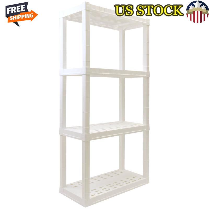 4 Tier Plastic Shelving Unit Heavy Duty Storage 400lb Capacity Snap Fit Assembly