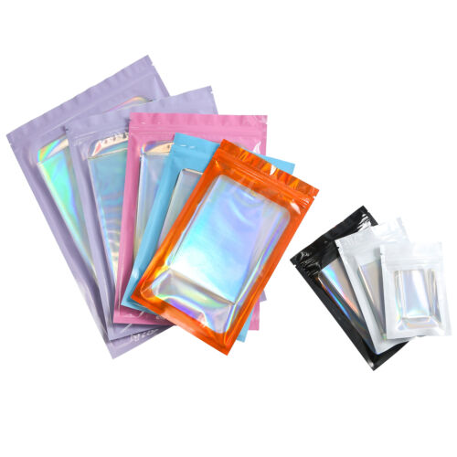 100 Bolsas Iridiscentes Color Brillante, Bolsas Holográficas con Cremallera de Lámina con Ventana Transparente - Imagen 8 de 15