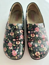 Alegria Clog Sz 7 / EU 38 Floral Leather Black Rubber Sole Slip On Comfort Shoe
