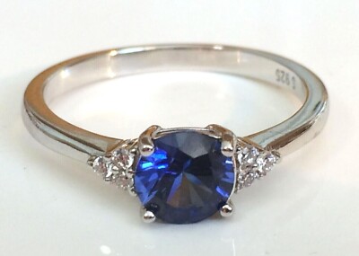 Blue Sapphire 6mm Ring  Solid Sterling Silver S925 Sizes 6.5 - 10 US