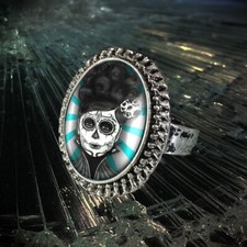 Dia De Los Muertos VictorianSugar Skull Silver Glass Ring