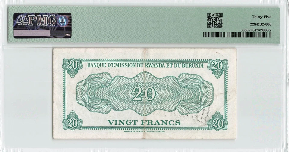 BURUNDI 20 Francs 1960 (ND 1964), P-3, Overprinted Note, PMG 35 Choice VF, Rare - Image 2 of 2