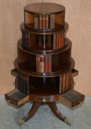 RESTORED REGENCY CIRCA 1810 REVOLVING MAHOGANY LIBRARY BOOKCASE WITH FAUX BOOKS - Picture 12 of 12