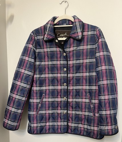 Coach Quilted Navy Blue & Purple Plaid Print Long Sleeve Snap Front Jacket Sz XS - Picture 1 of 13
