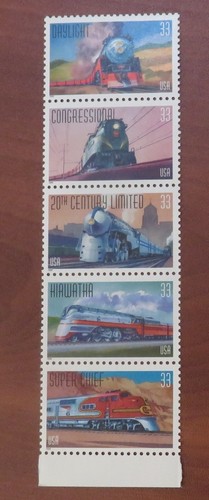 3337a 33c Railroad, Strip of 5 US Stamps, MNH