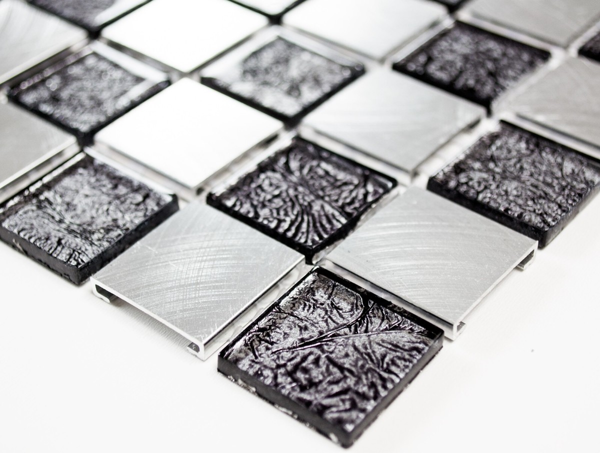 Mosaïque aluminium verre cristal échiquier noir argent 49-0302_8mm_b | 1 plaque