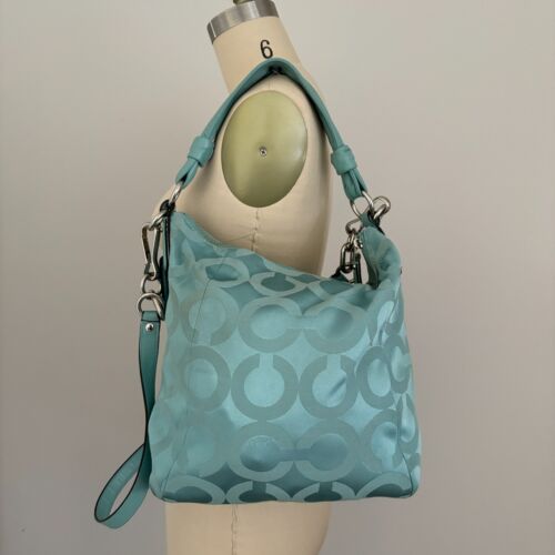 Coach Kristin Op Art Sateen & Leather Shoulder/Crossbody Turquoise Aqua Blue Bag - Picture 3 of 14
