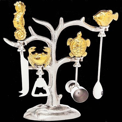 Godinger Sea Life Nautical 5 pc silver gold Bar Tool Decor Set with Stand New