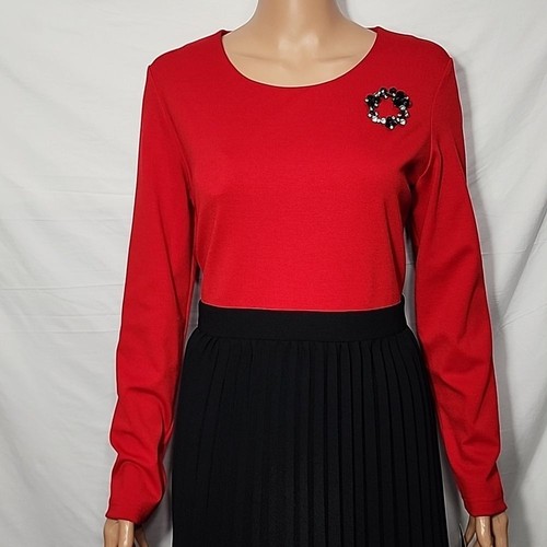 Leslie Fay long Sleeve Pleated Midi Dress Red And Black Size 12 NWT - Picture 3 of 12