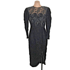 Vtg 80s PROM Casadei Black Velvet Dress Sequins Sheer Embroidered Illusion Goth