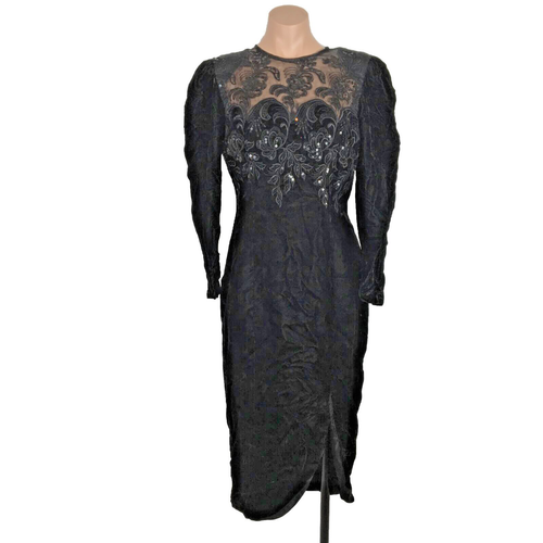 Vtg 80s PROM Casadei Black Velvet Dress Sequins Sheer Embroidered Illusion Goth