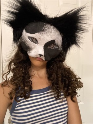 High-Quality White And Black Cat Mask Fully Furred Ears Star Eyes