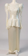 VTG 1980s Lace Wedding Dress Size 10 Peplum Train Gown w/Pearl Details Bow USA