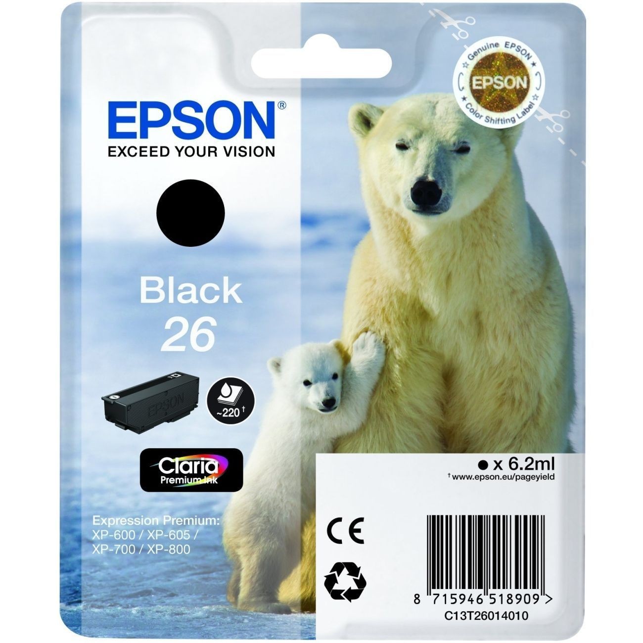 Cartouche Epson Ours Polaire encre noire Claria Premium N pour imprimante jet d'encre