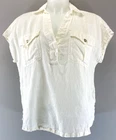 Nicole Miller 100% Linen Top Women Small White Short Sleeve Split V-Neck Utility