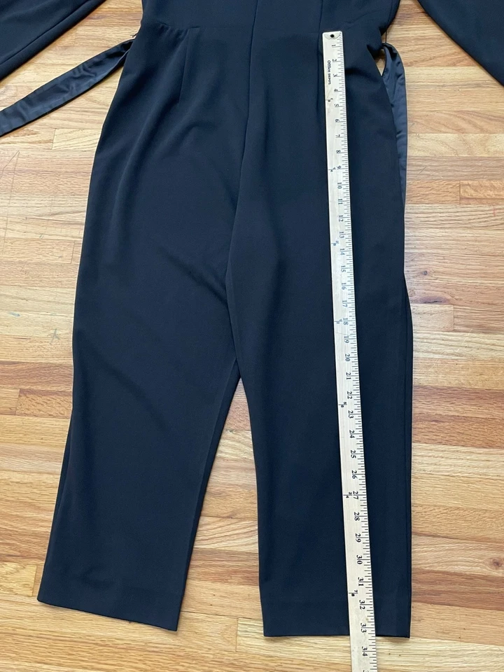 Adrianna Papell Women's Jumpsuit Tuxedo Crepe Satin Belt Stretch Lapel 10 Black - Image 3 of 4
