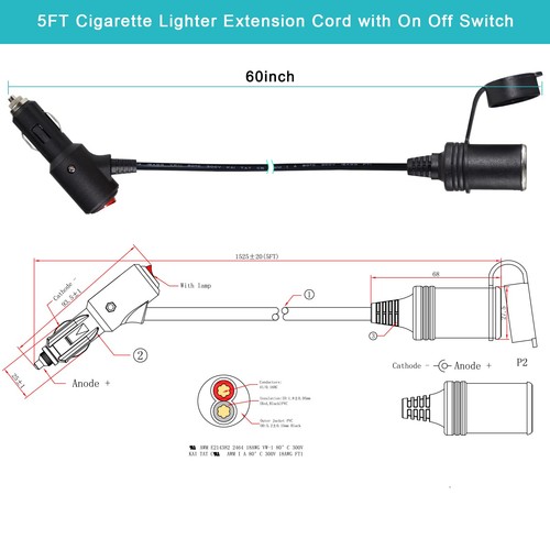 5FT Cigarette Lighter Extension Cord with On Off Switch - Car Cigarette Light... - Picture 6 of 8