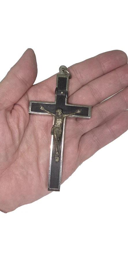 Антикварный католический никелевый крест из черного дерева реликвия 11 святых распятие 3,75 дюйма - Изображение 2 из 4