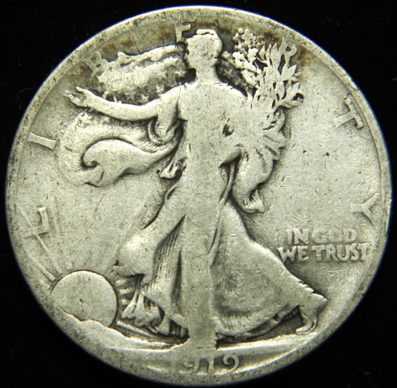 1919-S WALKING LIBERTY SILVER HALF DOLLAR, GRADE IS GOOD PLUS - DETAILS