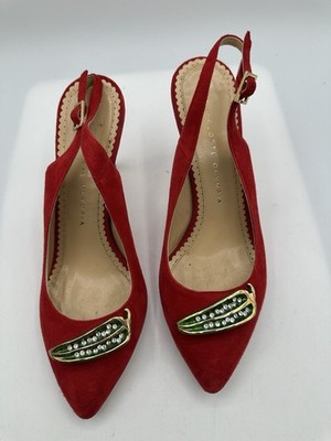 Charlotte Olympia Red Suede Gold Green Stone Pepper Slingback Heels Won Sz 37/ 7