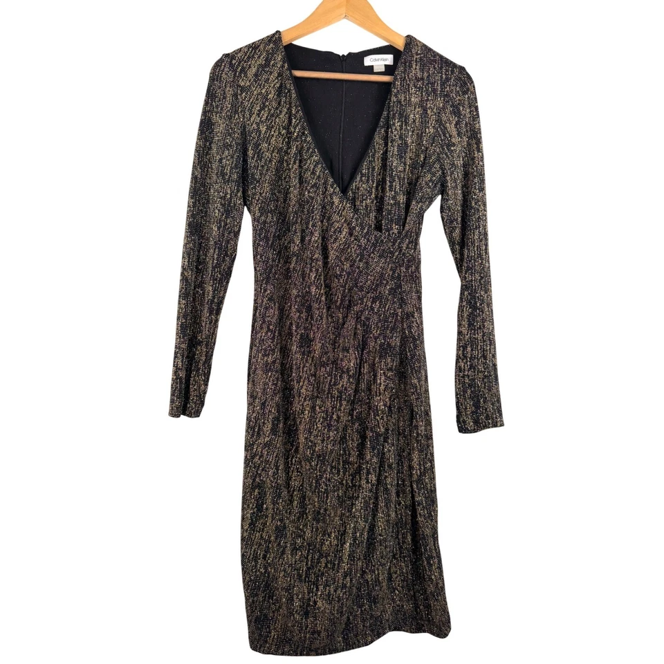 Vestido Vaina Calvin Klein Negro Dorado Metálico Manga Larga Cóctel Brillante Talla 6 Foto 3 de 4