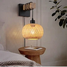 Farmhouse Plug in Wall Sconce Light Fixture Bamboo Shade Black Natural New