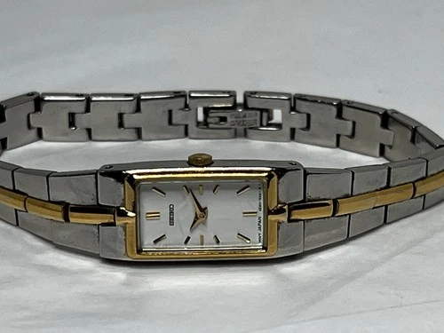 Seiko Tank Watch Women 13mm White Dial Two Tone Rectangle 2e20-7479 -New Battery