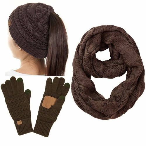 C.C 3pc Ponytail Messy Bun Soft Warm Soft Ribbed Knit Beanie Gloves Scarf Set - Picture 28 of 41