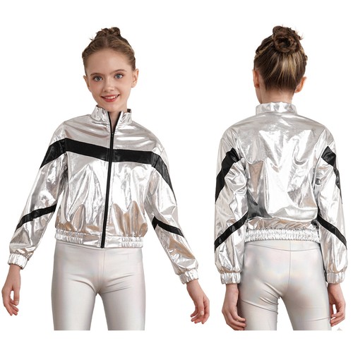 Kids Girls Shiny Metallic Bomber Jacket Stage Performance Dancing Outwear Coat - Picture 8 of 63