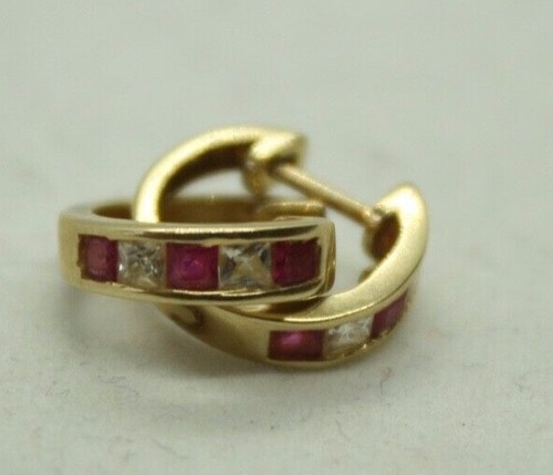 100% Genuine 10k Solid Yellow Gold CZ and Rubies Hoop Earrings Latch Back Lock - Picture 2 of 12