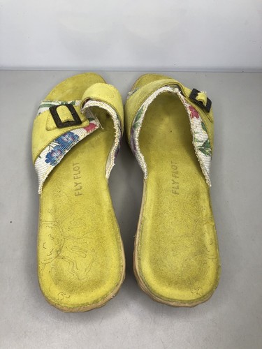 FLY FLOT Anti Shock Yellow Suede Floral Buckle Wedge Sandals Women 41EU/10.5M US - Picture 14 of 16