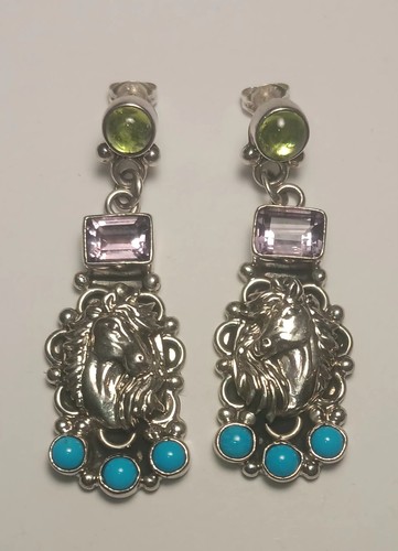 Pendientes Navajo Firmados Oso Corredor Esterlina Peridoto Amatista y Turquesa De Colección - Imagen 5 de 5
