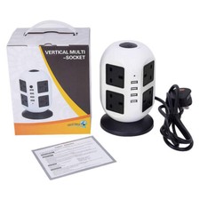 8 Way Switched Surge Protected Tower Extension Lead UK Mains Plug Socket 4 USB
