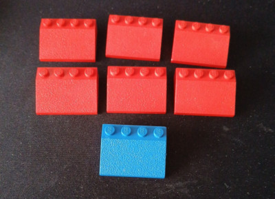 7x Lego Slope 3297 33 3 x 4 pat. pend. 1x in blau 6x in rot alt vintage rar