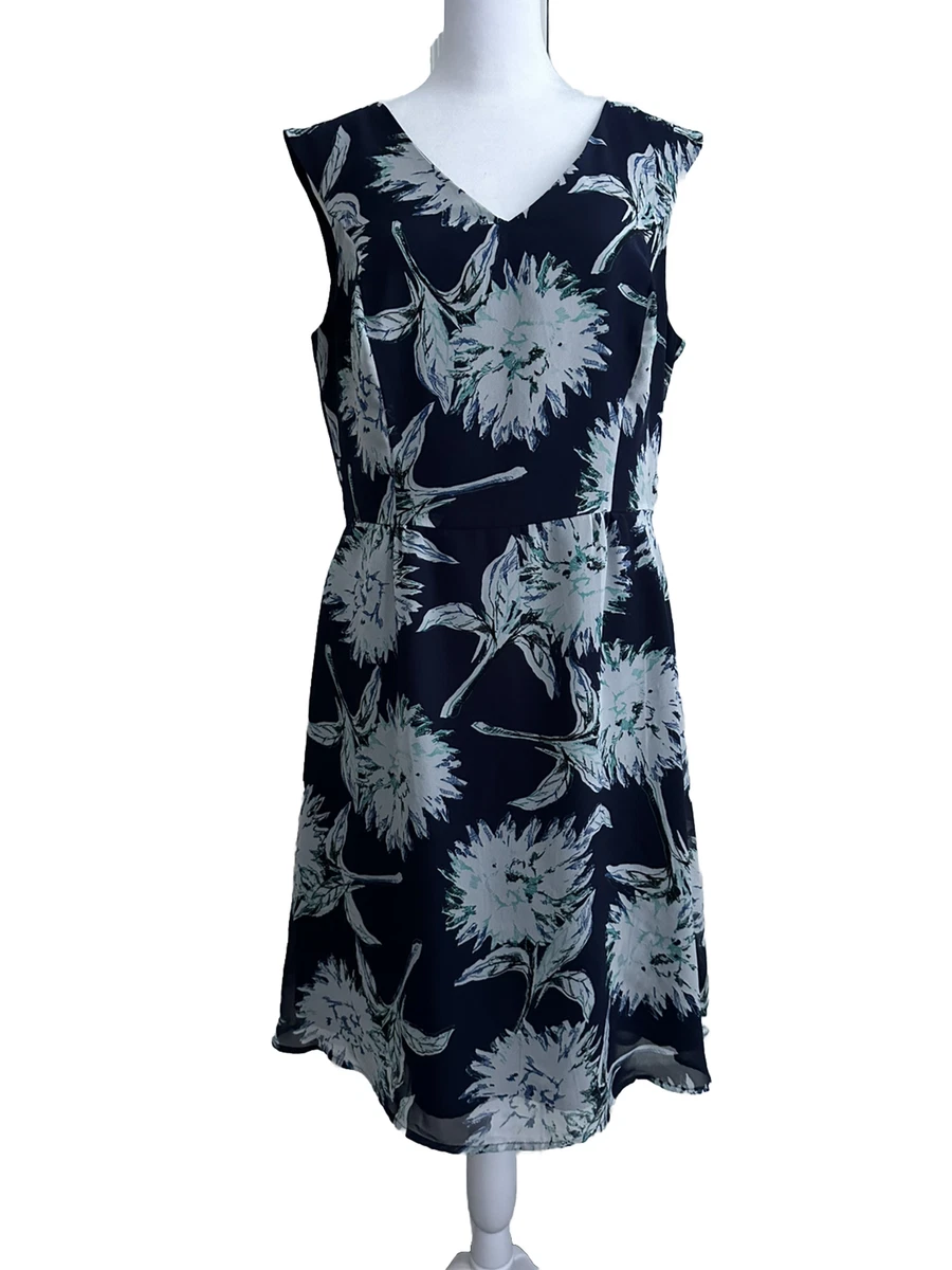 Ann Taylor Large Floral V neck A line Summer Dress Navy Blue Gray Aqua Size 8