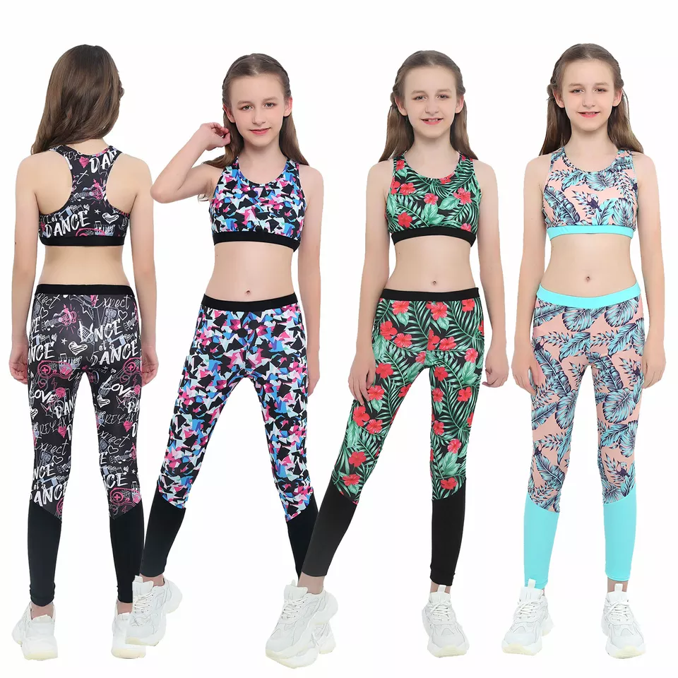 Kids Girls Two Pieces Sport Suits Printed Racer Back Crop Tank ...