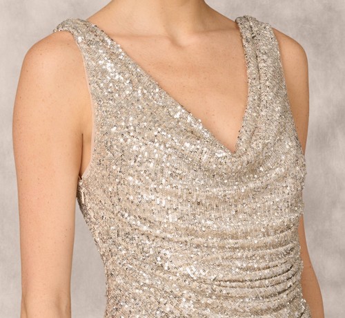 $395 Aidan Mattox Stretch Sequin Sleeveless Cowl Neck Gown | Champagne Silver 8 - Picture 8 of 21