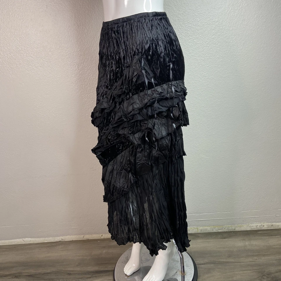 Surrealist Black Crinkle Tiered Velvet Maxi Skirt Handkerchief Hem Goth Gypsy L - Image 4 of 4