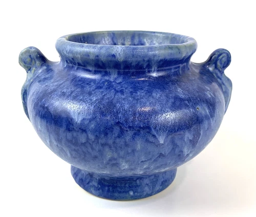 Vintage Brush McCoy Art Pottery Vase Blue Mottled Vellum 2 handled 1930s