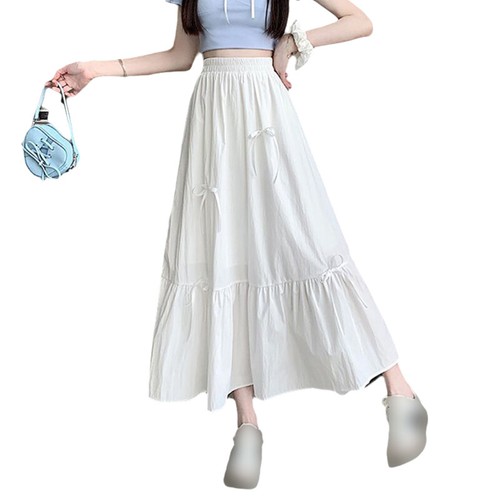 Elastic Women's High-Waisted A-Line Pleated Skirt with Bows Puffy Skirt Dress - Picture 5 of 24