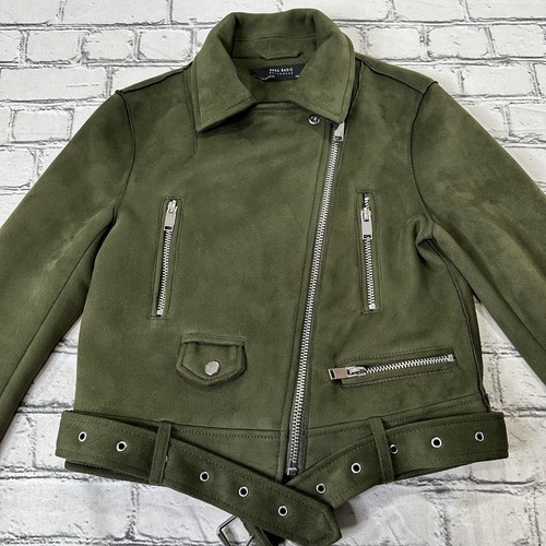 ZARA Outwear Olive Green Faux Suede Belted Moto Biker Jacket Women's Size XS EUC - 第 2/7 張圖片